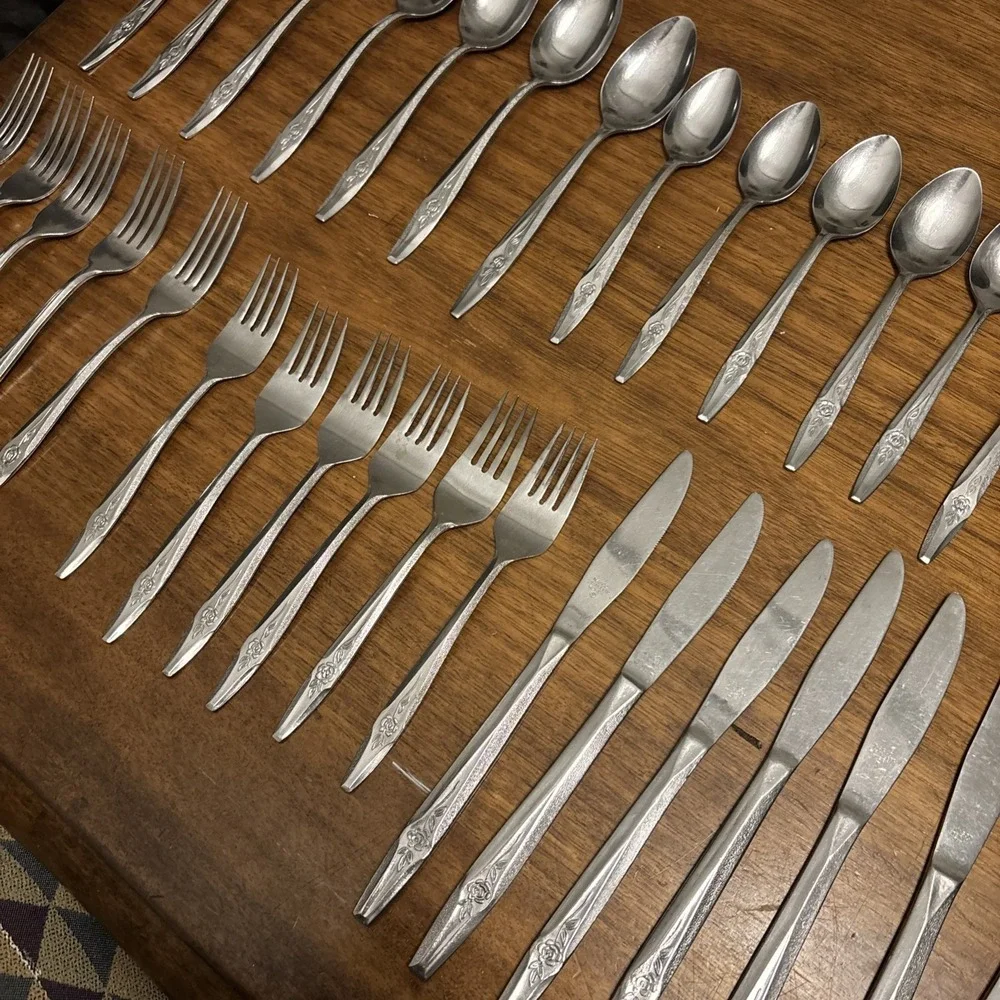 35 Pc. NASCO TEMPTATION Dinner Fork Spoon‎ Knife Stainless Korea Single Rose